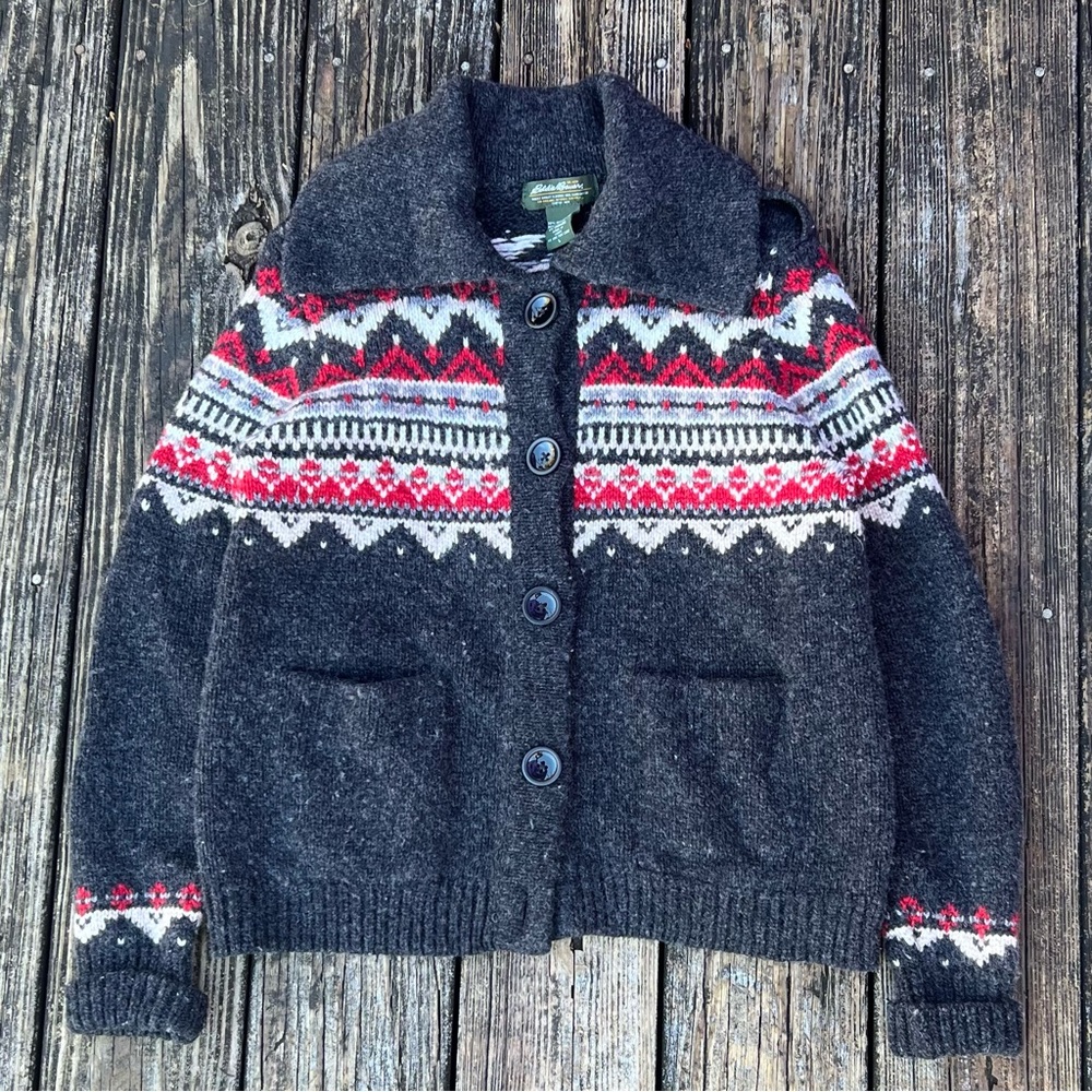Eddie Bauer Charcoal Gray Fair Isle Wool Cardigan with Red & White Accents